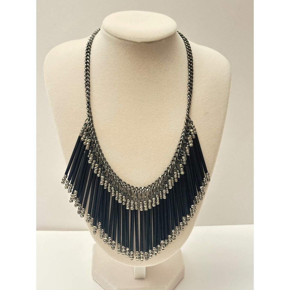 Vintage Gunmetal Edgy Bib Necklace Black Bugle Bead Fringe Statement Piece